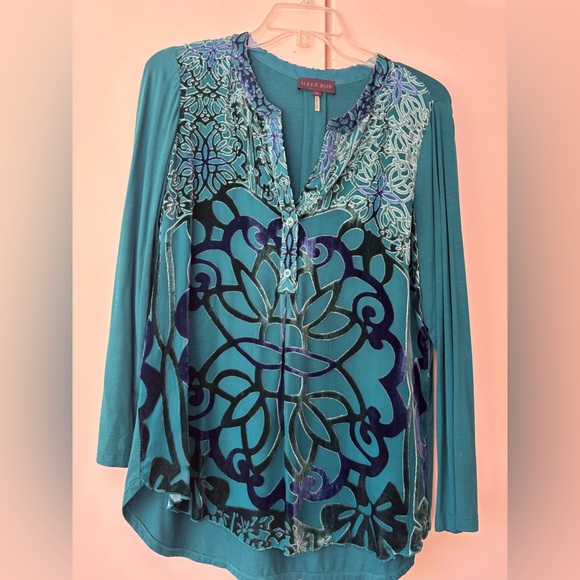 Hale Bob Tops - Hale Bob Turquoise and Navy Patterned Knit Top